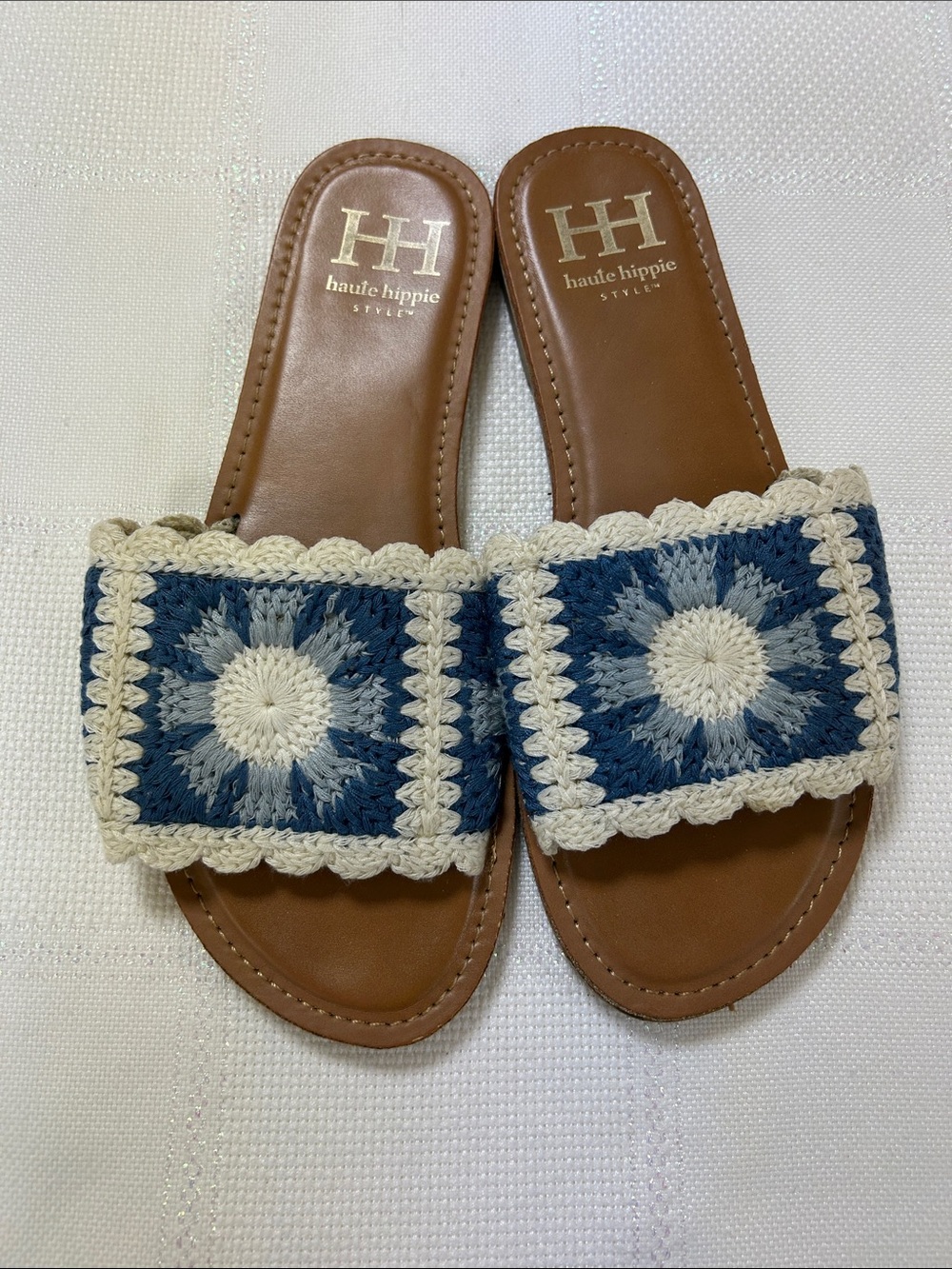 Haute Hippie Blue and Cream Crochet Slide Sandals